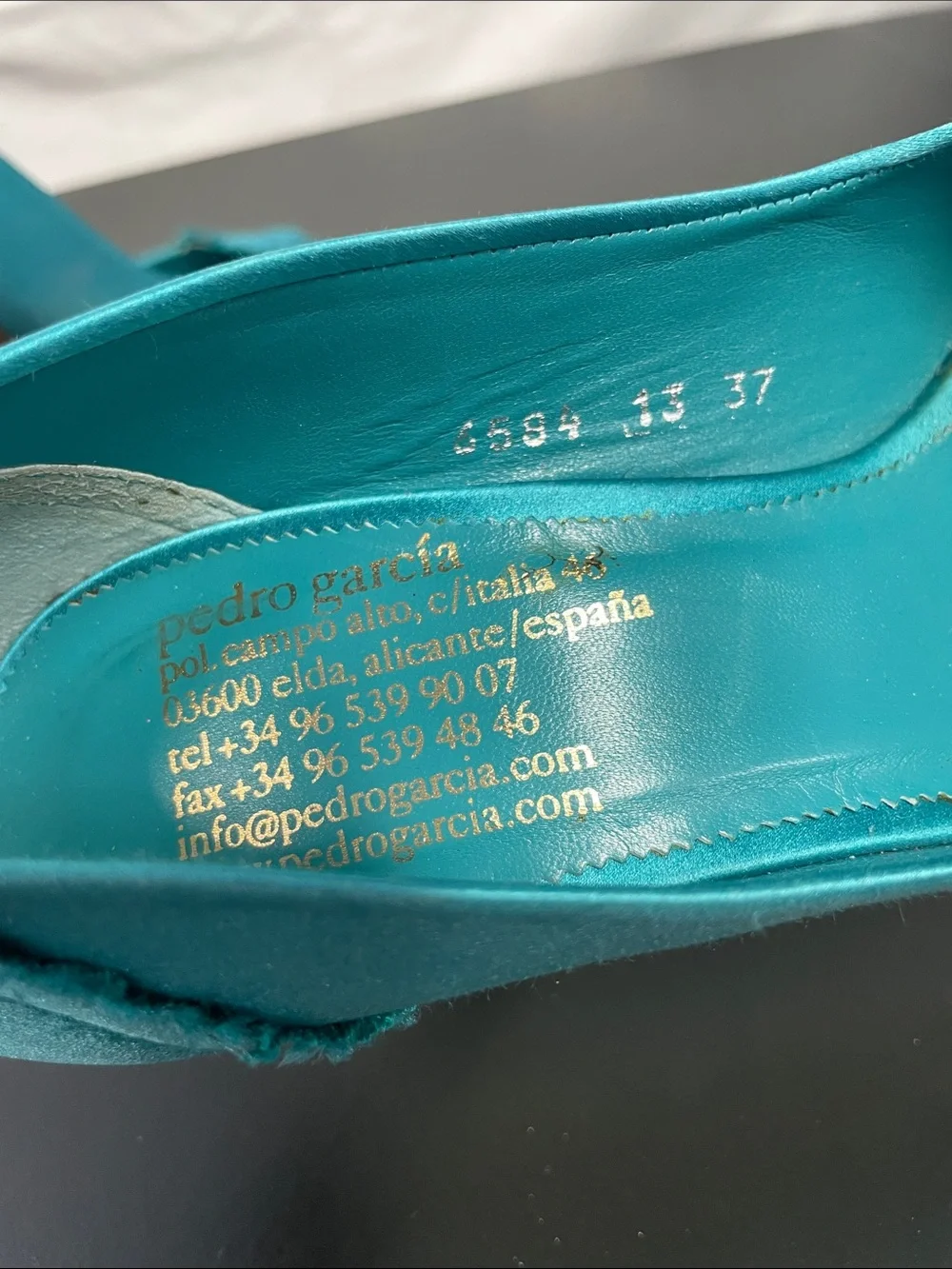 PEDRO GARCIA TEAL SATIN FRAYED PEEP TOE HEELS FTL-08-201